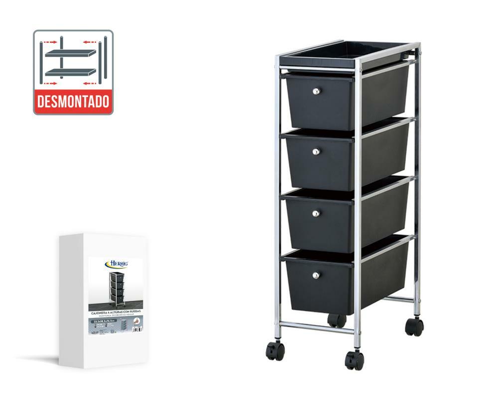 Mueble cajonera plástico multiusos ruedas 4 Cajones Negro 76,5 x 38,5 x 22,5 cm