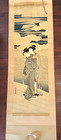 Antique JAPANESE Scroll Signed Isoda KORYUSAI BONE Roller Stick BEAUTIFUL WOMAN