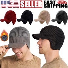 Men's Winter Hatband Visor Hat and Earmuffs Outdoor Warm Wool-lined Knitted Hat