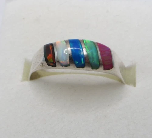 Vintage Multi-color Opal Inlay Band Ring 925 Sterling Silver Size 8.5 #113