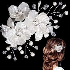 Flower Hair Clips, Artificial Pearl Rhinestone Flower Hair White Flower, 1pcs
