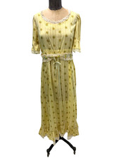 70s Vintage Yellow Floral Boho Peasant Maxi Dress W/ Lace Trim Med