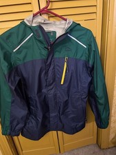 LL Bean Kids Trail Model Rain Jacket hooded green navy blue Colorblock desig