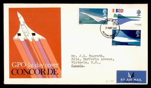 DR WHO 1969 GB FDC FIRST FLIGHT CONCORDE CACHET COMBO TO CANADA w28049