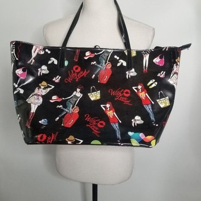 With Love Galian New York Black Fashion Print Pattern Patent Leather Handbag