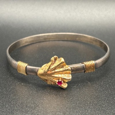Nachlass Sterlingsilber Haken Armreif Armband mit 14K Gold Kätzchen Pfote Rubin 7''