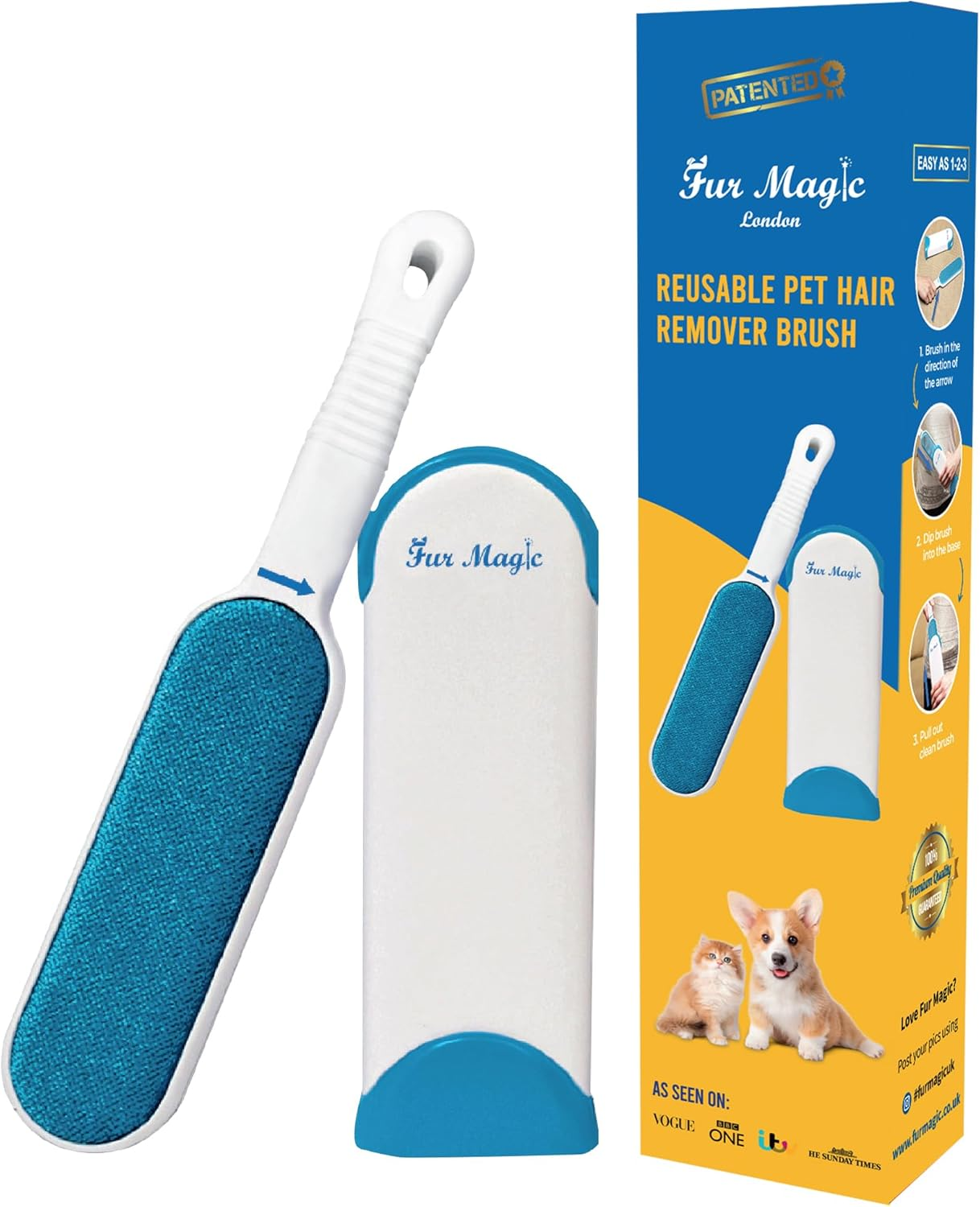 Fur Magic Pet Hair Remover Lint Brush with Self-Cleaning Base, Reusable Fluff Re