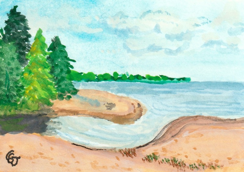 ACEO Original Watercolor Painting Lake Beach Forest Landscape Art by CS Jackson