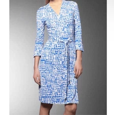Diane Von Furstenberg Knit Silk Julian Wrap Dress Sz 8 Blue Jersey 3/4 Sleeve