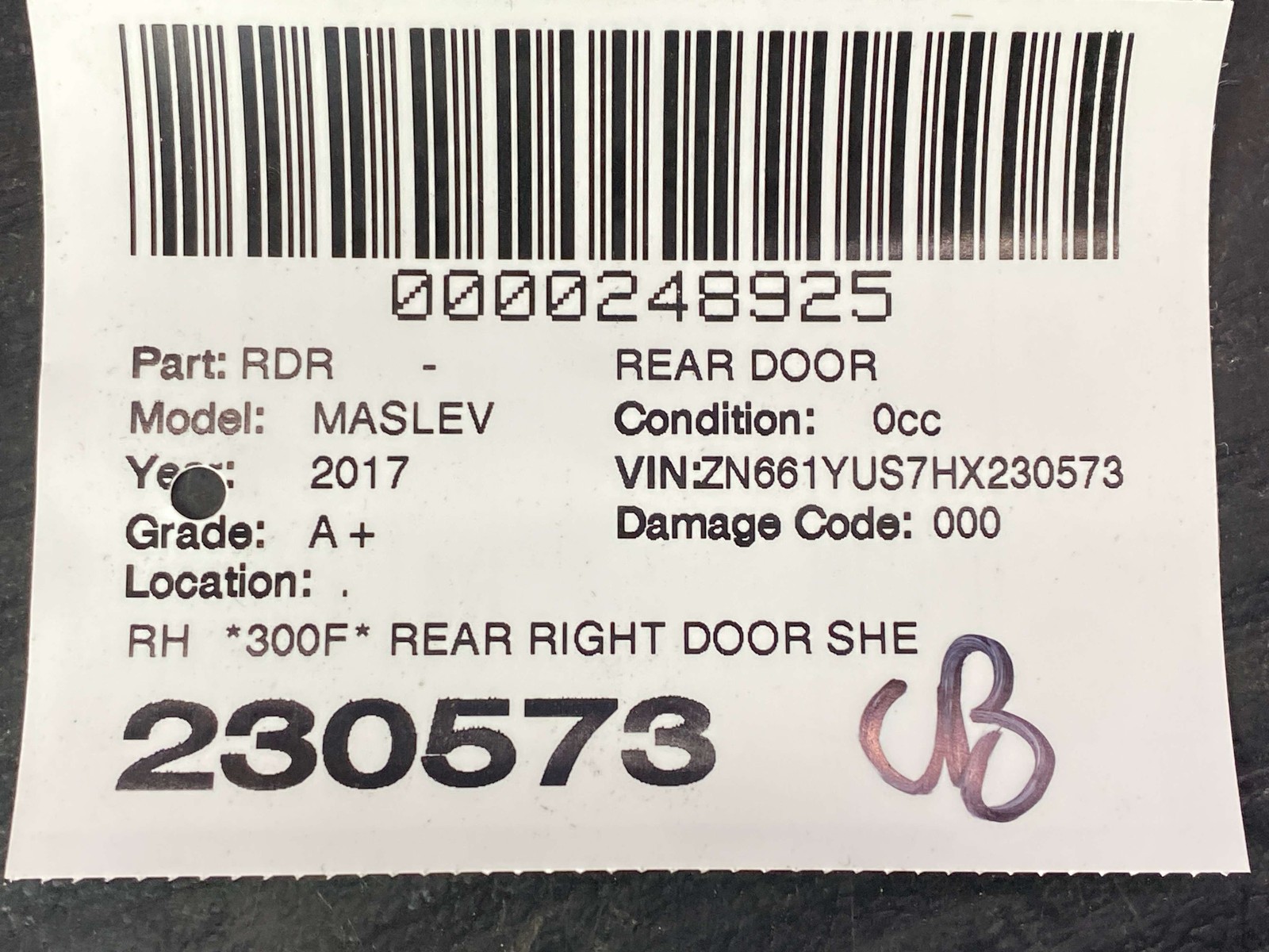 2017-2024 MASERATI LEVANTE M161 OEM RH REAR RIGHT DOOR SHELL |NERO RIBELLE (815)