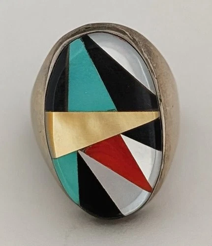 VINTAGE Zuni Multi-Stone Inlay Sterling Silver Ring Men's Size 11