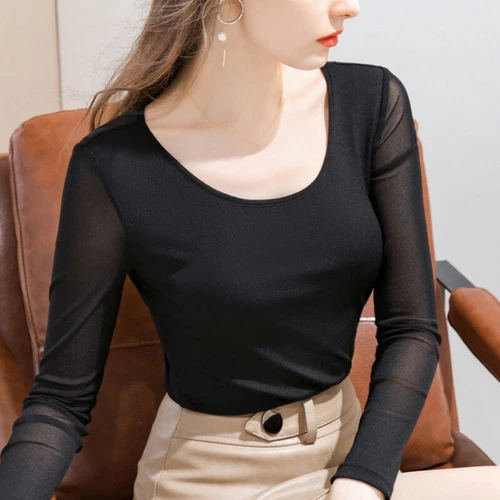 Damen-T-Shirt U-Ausschnitt Netz Langarm Stretch Basisschicht Oberteil schmale Passform Freizeit - Bild 4 von 20