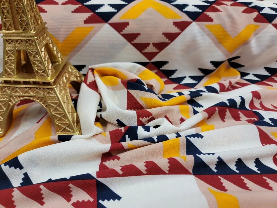 Multicolor Stretch Crepe Fabric By The Yard Yellow Blue Etnihc Pattern Fashion  - Image 3 of 4