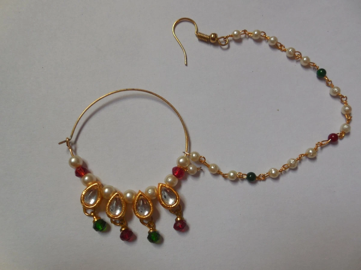 Gold Plated Kundan Nose Ring Nath Pierced Nose Jewelry Bridal Hoop