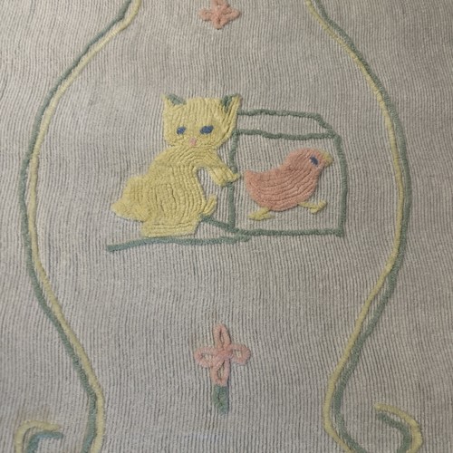 Vintage 1950s 60s Chenille Fabric Baby Crib Bed Blanket Bedspread Kitten Duck - Picture 2 of 6