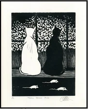 Black & White CATS & Three Blind Mice. ORIGINAL LINOCUT Signed. Listed Artist