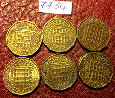 6 LOW-GRADE ELIZABETH II BRASS THREEPENCES - JOB LOT 7734