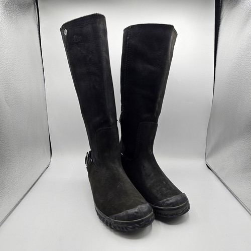 Sorel Boots Womens 8 Black Leather Slimboot Riding Tall Block Heel NL2108