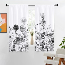 Black Grey Floral Curtains 42" W X 63" L Floral Gray White Watercolor Wild Flowe
