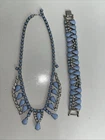 Vintage Blue Milk Glass & Rhinestone Necklace & Bracelet Set Signed By Gale