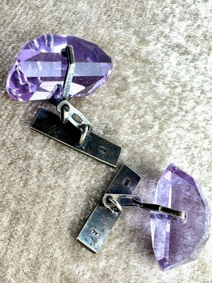 Soviet Vintage Silver Cufflinks 875 with Purple Faceted Glass, USSR 1960s
