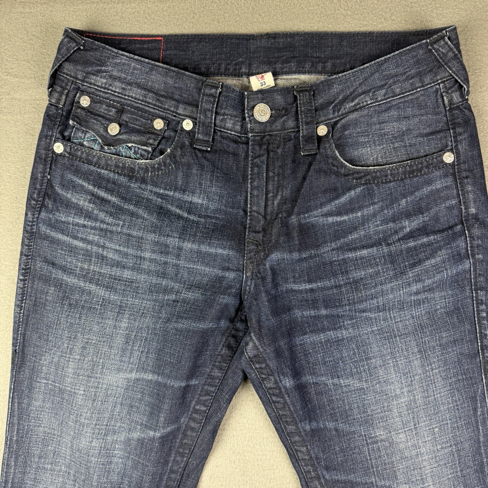 True Religion Jeans Men's 33 (Fits 35x34) Skinny Flap Pockets Blue Embroidered