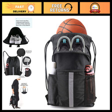 X-Large Drawstring Backpack with Shoe Compartment, Gym Sports Cinch Bag, Black