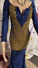 Fashion Nova Blue Gold Embroidered Maxi Dress Gown Lace Up Leg Slit Sz XXL