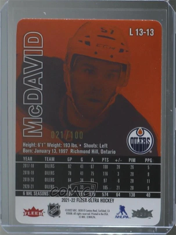 2021 Fleer Ultra Lucky 13 Gold Medallion Achievement /100 Connor McDavid #L13-13 - Image 2 of 2
