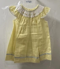 Will'beth smocked yellow dress with embroidered flowers and blue ribbons 12M New