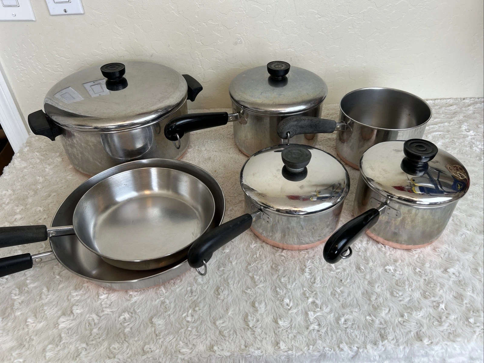 REVERE WARE 11 Pc Copper Clad Cookware Set Post 1968 Pots Lids Frying Pan USA