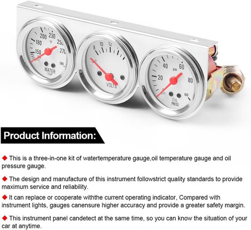 2 IN LED Light Triple Gauge Set Oil Pressure Water Temp Volt Meter Fits GM Ford - Picture 9 of 17