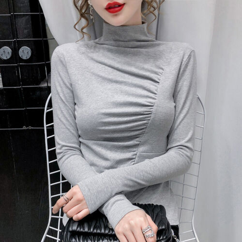 Women Long Sleeves Fold The Side Shirt Top Half High Neck Casual Pullover Bloues - Picture 1 of 8