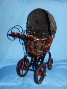 Wood & Wicker Doll Stroller Pram with Big Wheels & Shade Cover Victorian Look