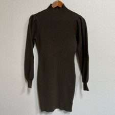 Ribbed Mock Neck Puff Sleeve Knit Dress Green Sz Large