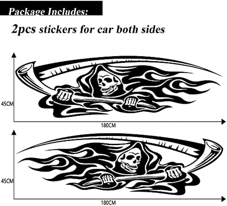 Black 5.9Ft Death Skull Scythe Graphics Side Body Door Stickers