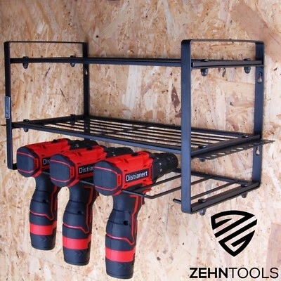 ZEHN TOOLS 3 TIER WALL MOUNTED CORDLESS BATTERY DRILL DRIVER RACK SHELF TOOL STORAGE METAL