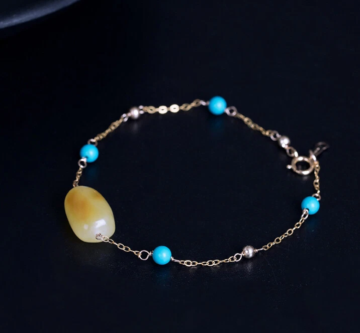 I04 Armband Sterling Silber 925 vergoldet honiggelber Bernstein und Türkisperlen - Bild 3 von 4