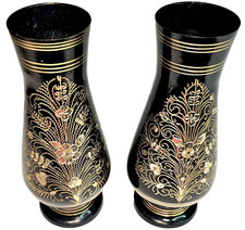 2 Vintage Etched Floral Brass Black Metal Vases India 6" Bohemian Ethnic 562
