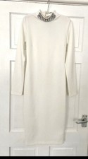 Ensiare Dress Women’s White High Neck Glass Crystal Neckline Midi Bodycon - Sz 8