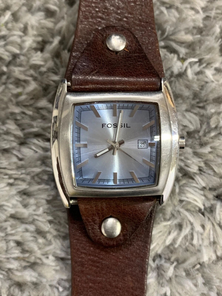Fossil JR 8133 Watch Silver Tone Date Blue Face Brown Leather Band