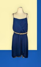 BISOU BISOU Sz 12 Navy Blue Dress Sleeveless STRETCH Chiffon Gold Belt Women's 