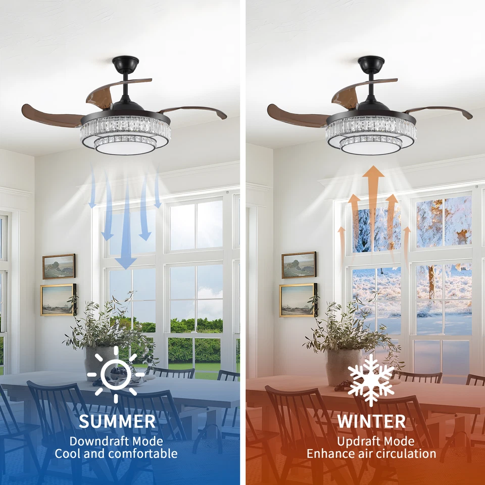 48 inch Ceiling Fan LED Crystal Light Black Retractable with Remote Control Kit - Image 4 of 4