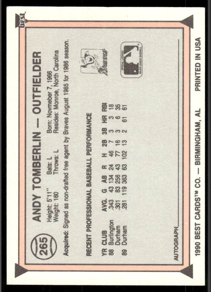 1990 Best #265 Andy Tomberlin - Image 2 of 2