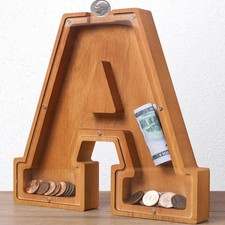 Wooden Letter Piggy Bank for Kids Boys Girls 9.1x9.1x1.77 inches, Initials-a