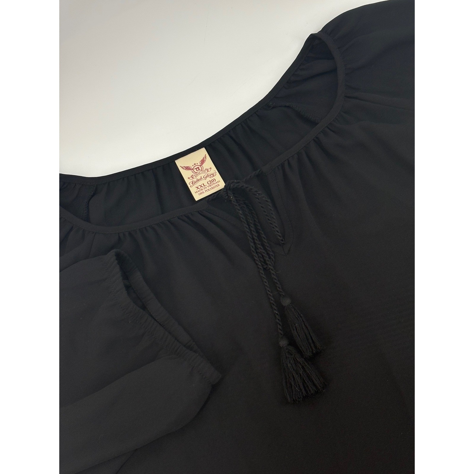 Faded Glory Black Peasant Blouse XXL 20 Tassel Tie Neck 3/4 Sleeve Top Layered