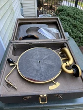 Antique Victrola Suitcase Record Player Hand Crank Portable Phonograph For Parts