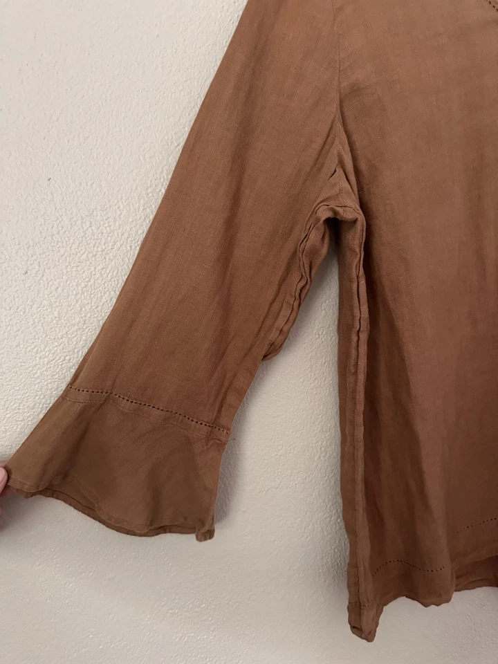 J. Jill Love Linen V-Neck 3/4 Sleeve Casual Top Womens M Camel Brown Basic - Image 3 of 4