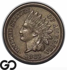 1863 Indian Head Cent Penny, Civil War Date, XF++/AU