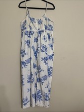 Vintage White Maxi Dress Blue Floral Print women M button down babydoll fairy